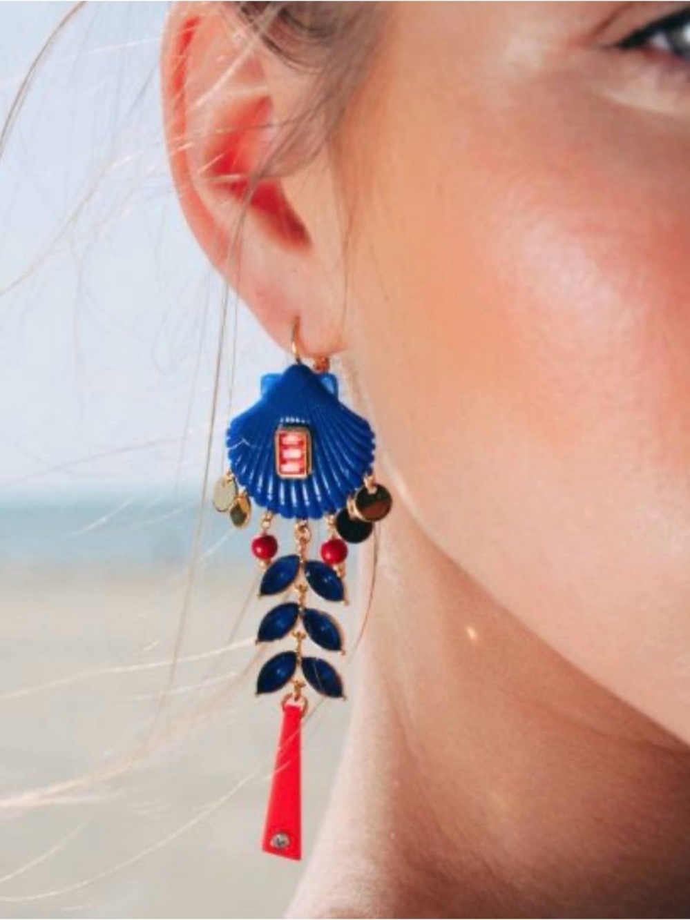 Nautical Blue Shell Earrings with Red Drops and Gold Accents